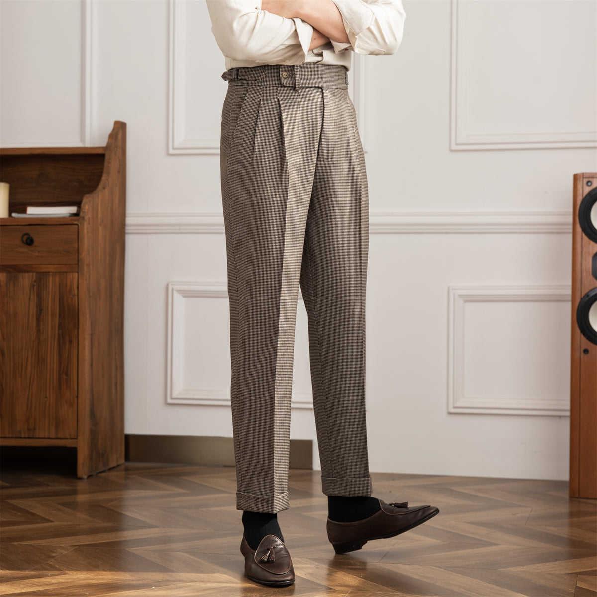 Pantalons Plissés Cambridge Pied-de-poule coupe droite